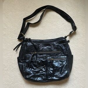 Bueno Black Leather multi pocket Shoulder Bag
